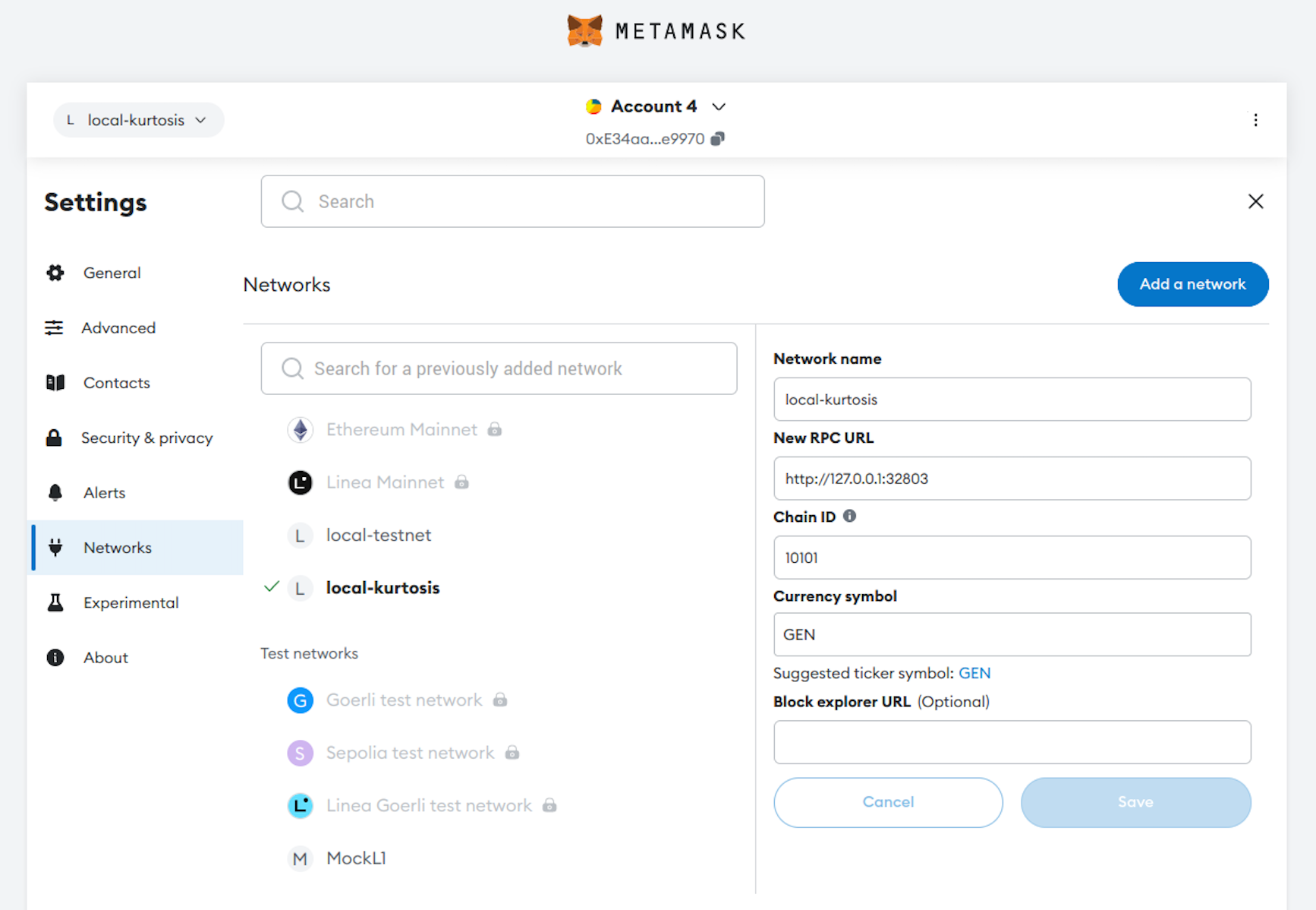 MetaMask manual network entry